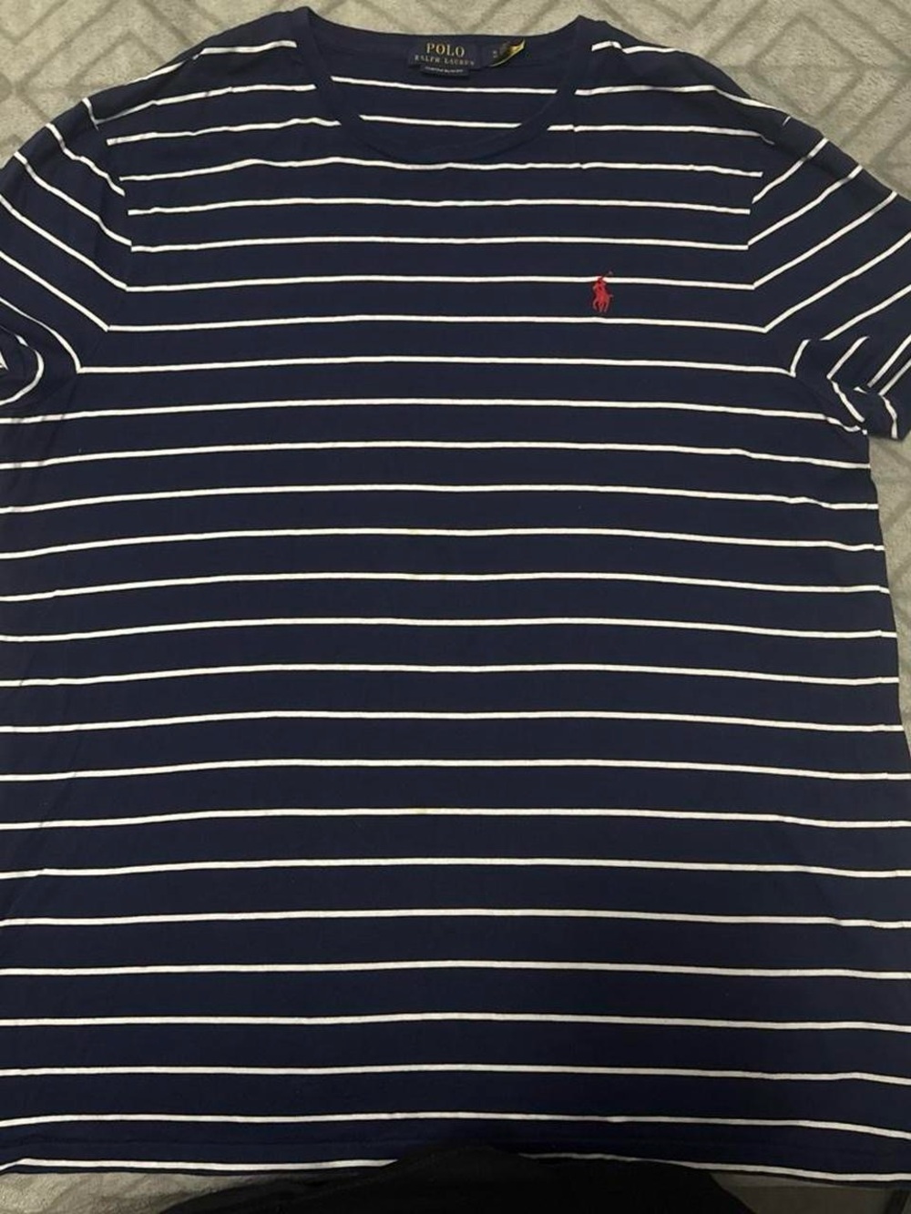 Ralph Lauren Navy Blue & White Striped Polo Tee with Red Pony